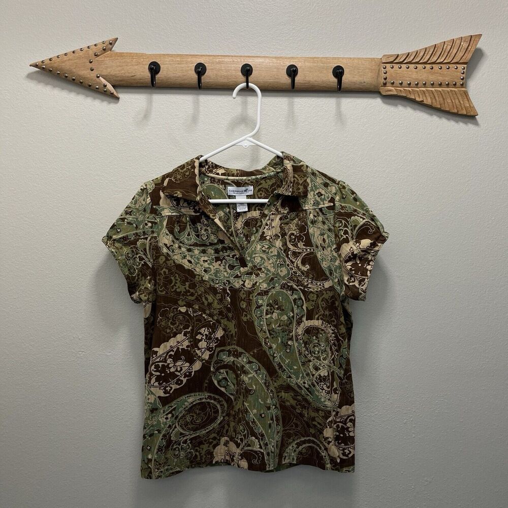 Caribbean Joe | Green & Brown Paisley V-neck Short Sleeve Top Medium Floral